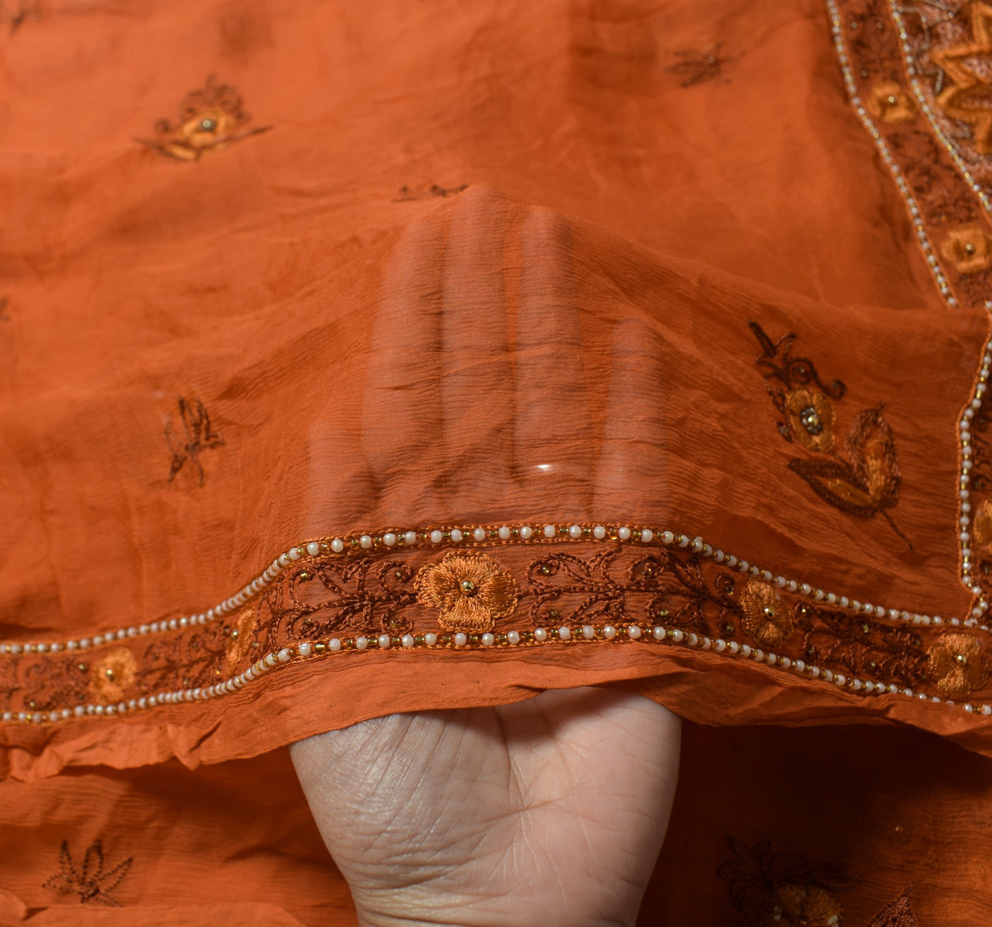 Sushila Vintage Rust Dupatta Pure Chiffon Silk Hand Embroidered Floral LongStole