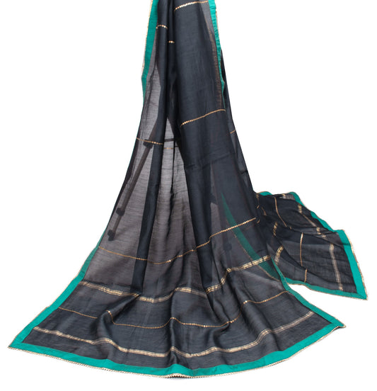 Sushila Vintage Black Woven Dupatta Contract Border Pure Cotton Silk Long Stole