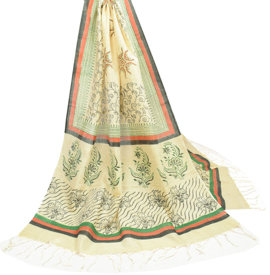 Sushila Vintage Beige Dupatta Hand Block Pure Cotton Silk Bhagalpuri Long Stole