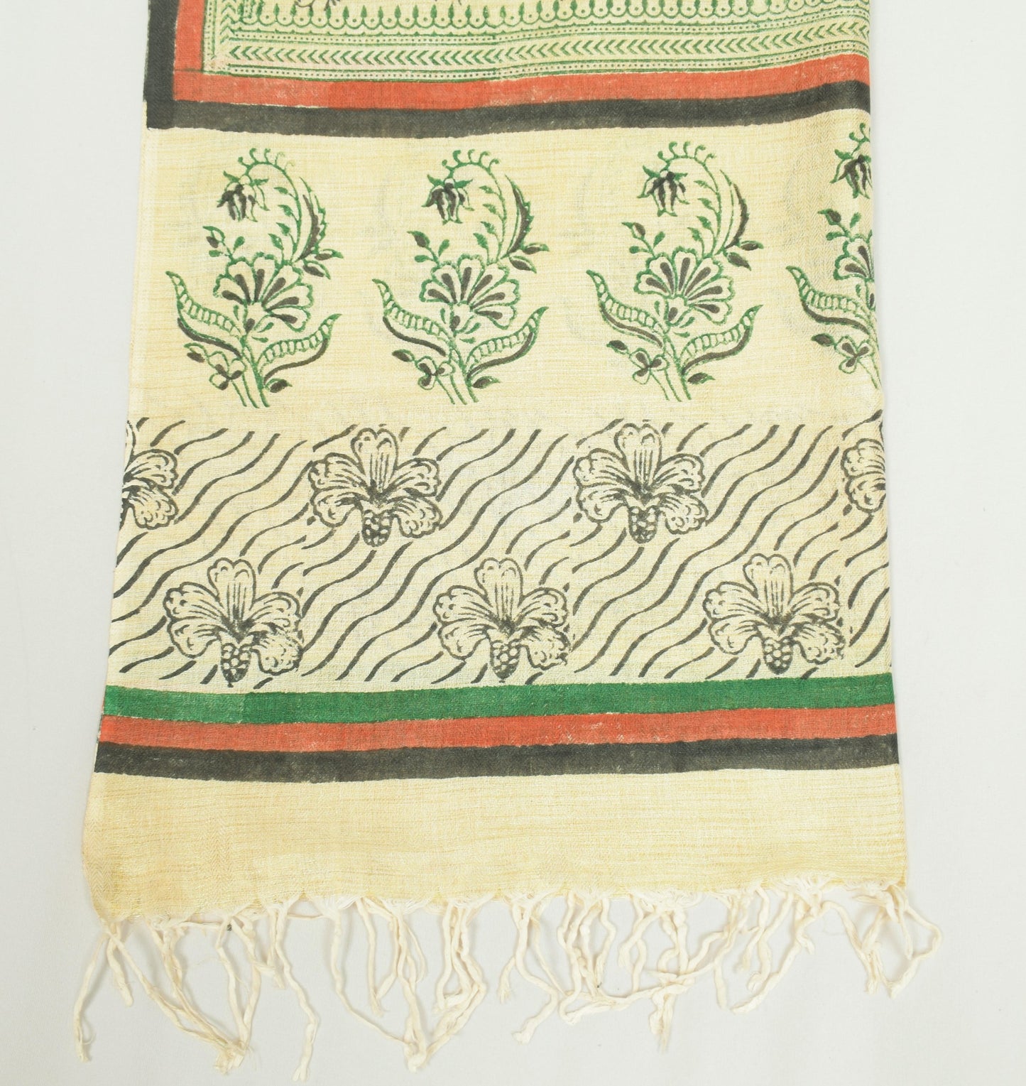 Sushila Vintage Beige Dupatta Hand Block Pure Cotton Silk Bhagalpuri Long Stole