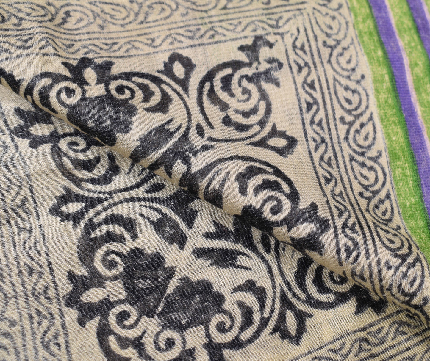 Sushila Vintage Cream Dupatta Pure Woolen Hand Block Printed Long Stole Shawl