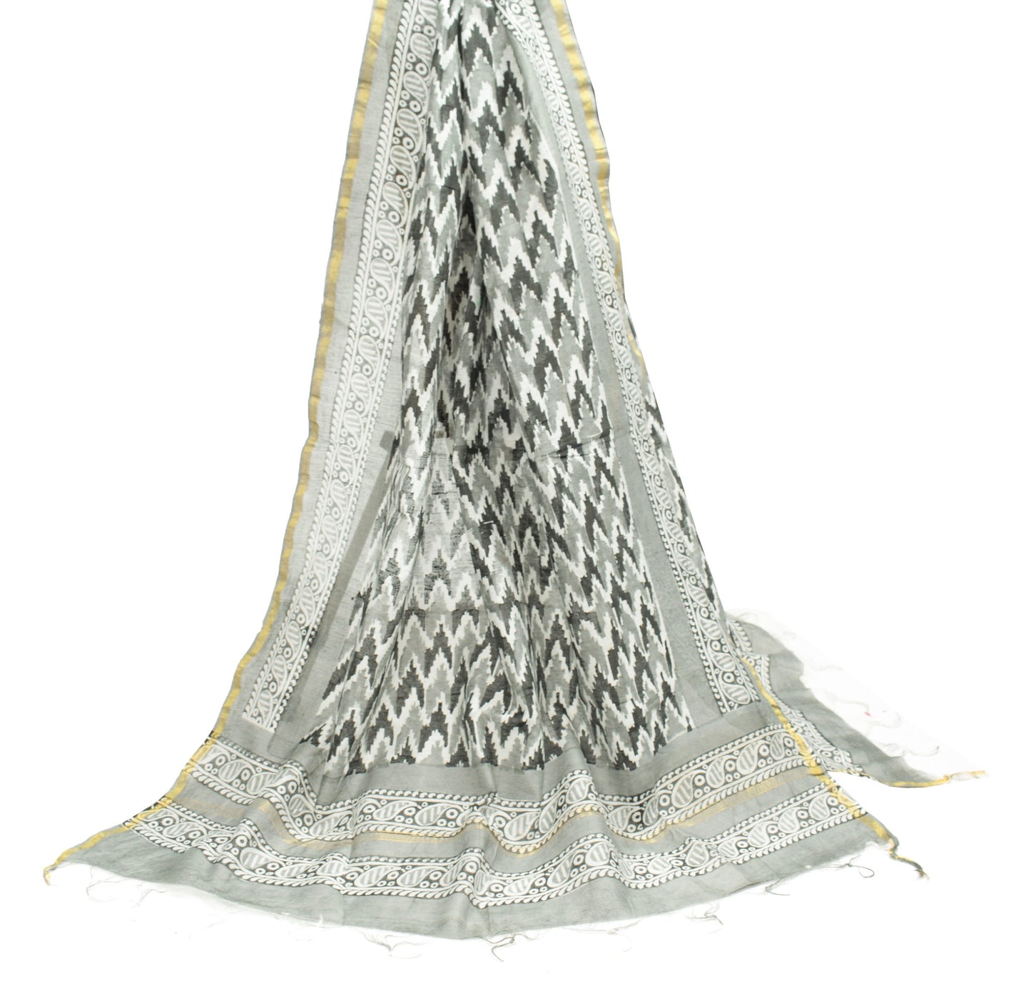 Sushila Vintage Gray Dupatta Pure Cotton Silk Hand Block Printed Wrap Long Stole