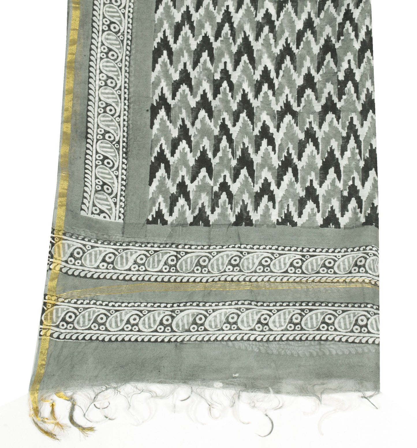 Sushila Vintage Gray Dupatta Pure Cotton Silk Hand Block Printed Wrap Long Stole