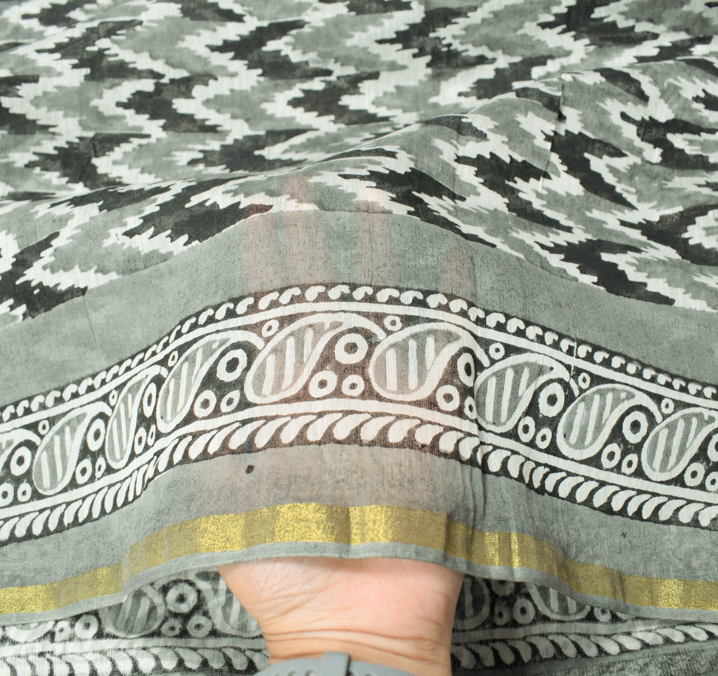 Sushila Vintage Gray Dupatta Pure Cotton Silk Hand Block Printed Wrap Long Stole