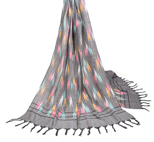 Sushila Vintage Hand Woven Ikat Dupatta Black Pure Cotton Handloom Long Stole