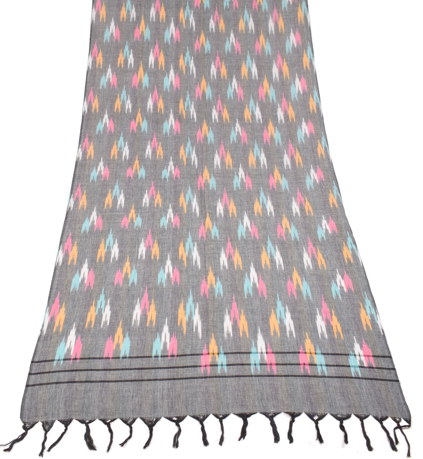 Sushila Vintage Hand Woven Ikat Dupatta Black Pure Cotton Handloom Long Stole