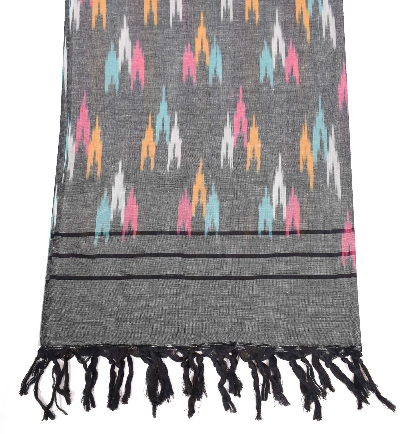 Sushila Vintage Hand Woven Ikat Dupatta Black Pure Cotton Handloom Long Stole