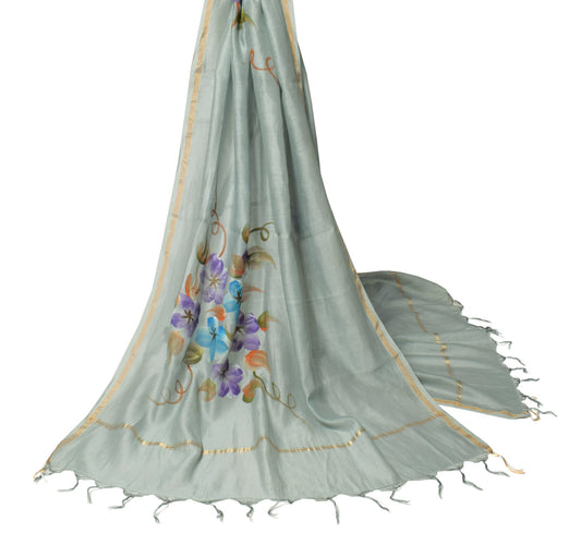 Sushila Vintage Floral Gray Dupatta Pure Cotton Silk Hand Printed Long Stole
