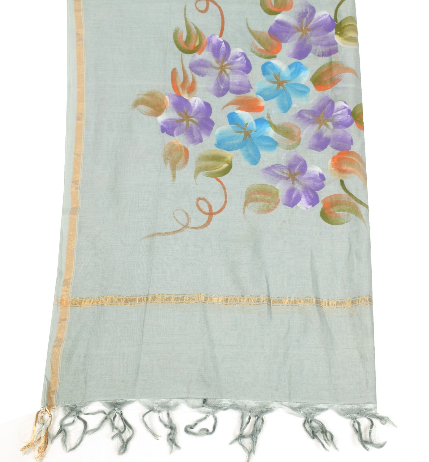 Sushila Vintage Floral Gray Dupatta Pure Cotton Silk Hand Printed Long Stole