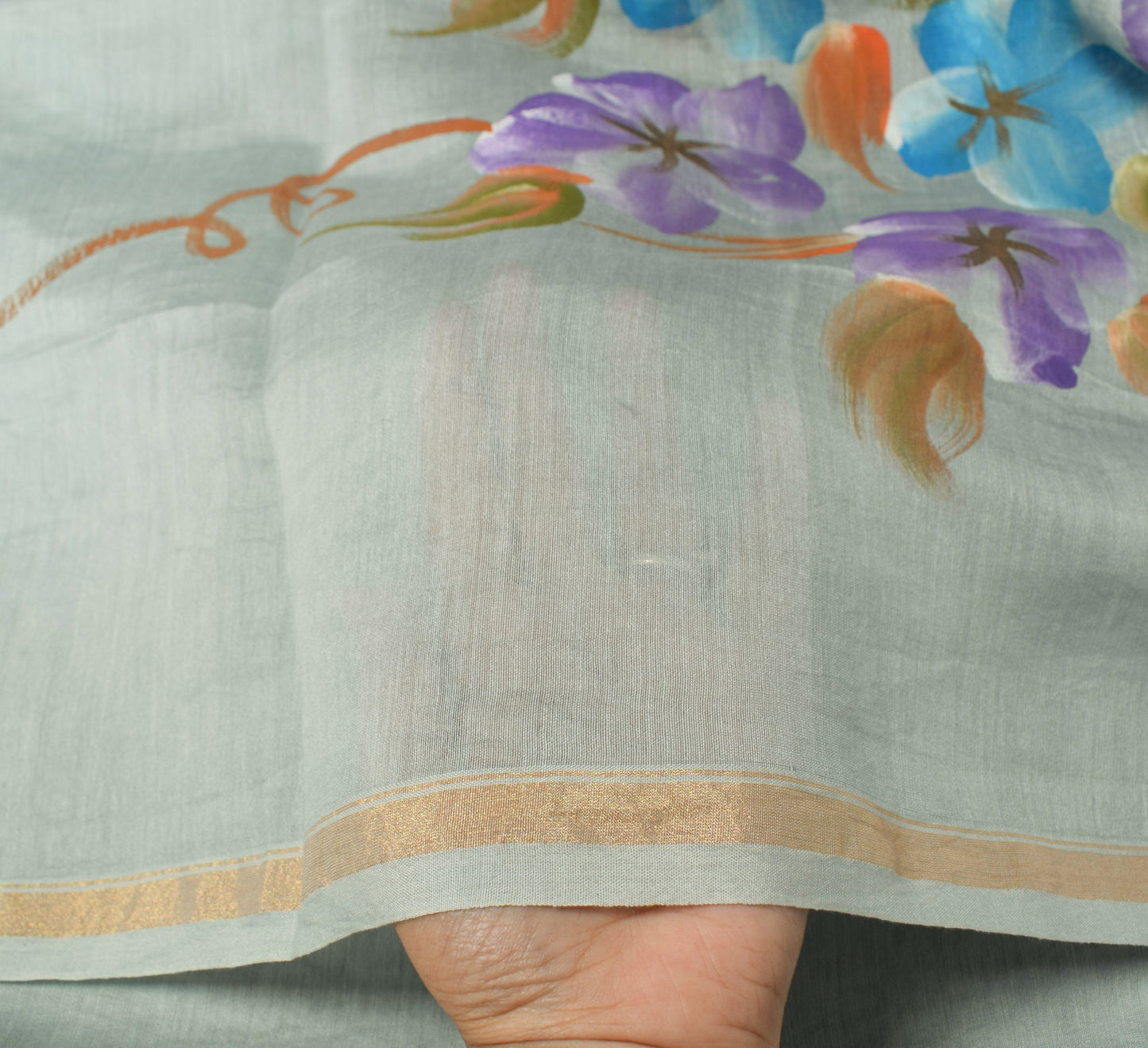 Sushila Vintage Floral Gray Dupatta Pure Cotton Silk Hand Printed Long Stole