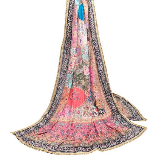 Sushila Vintage Abla Work Dupatta Chinnon Silk Multicolor HEAVY Long Stole Wrap