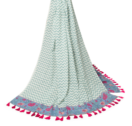 Sushila Vintage BRANDED White Dupatta Pure Cotton Hand Block Printed Long Stole
