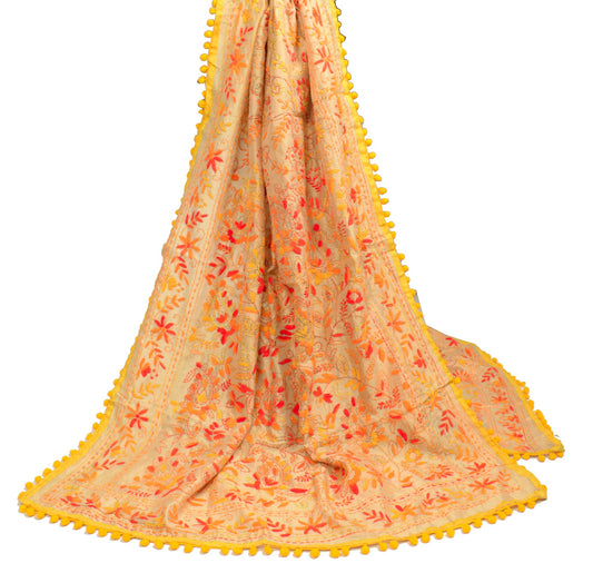 Sushila Vintage Heavy Light Brown Dupatta Art Silk Handmade Phulkari OOAK Stole