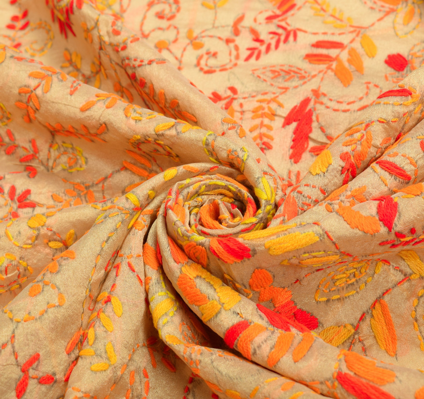 Sushila Vintage Heavy Light Brown Dupatta Art Silk Handmade Phulkari OOAK Stole