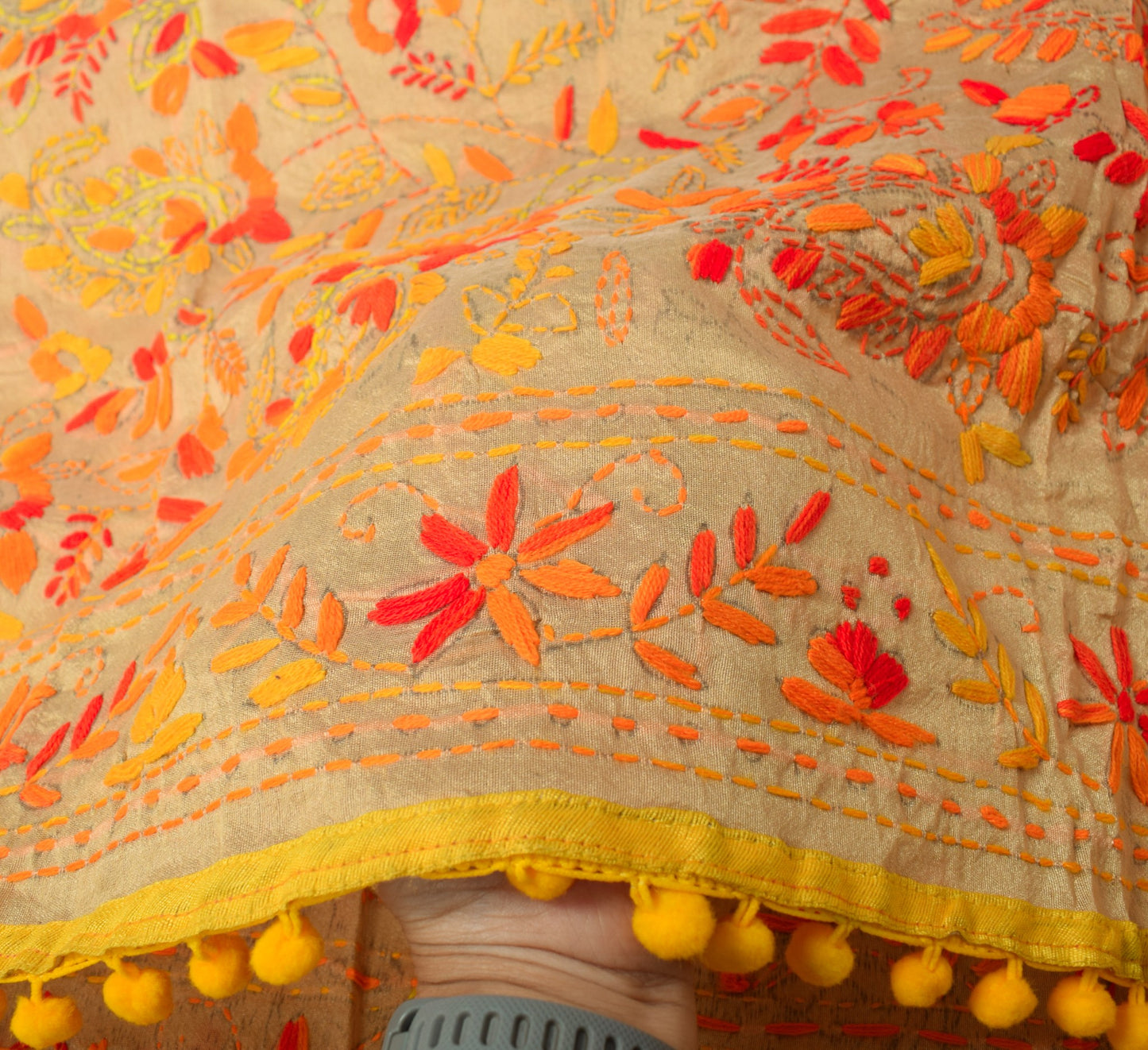 Sushila Vintage Heavy Light Brown Dupatta Art Silk Handmade Phulkari OOAK Stole