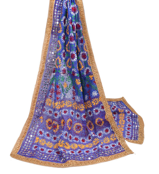 Sushila Vintage Heavy Blue Dupatta Art Silk Handmade Phulkari OOAK Long Stole