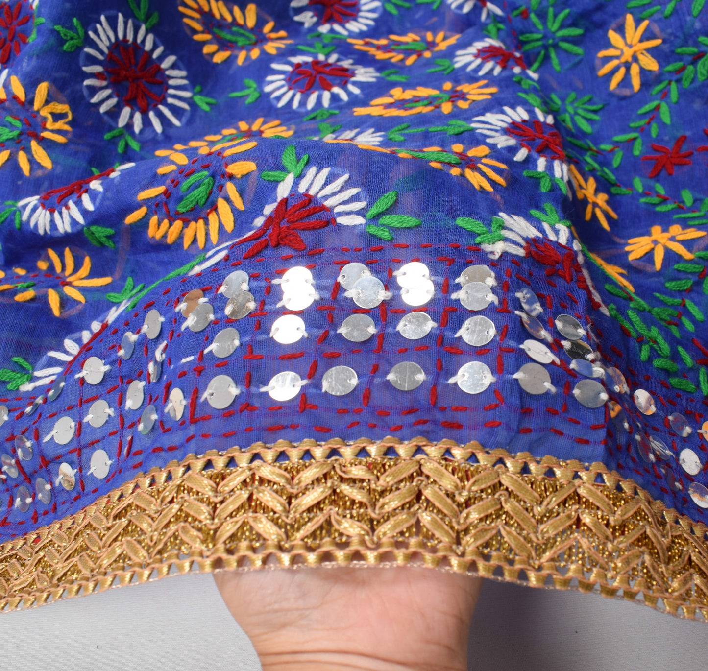 Sushila Vintage Heavy Blue Dupatta Art Silk Handmade Phulkari OOAK Long Stole