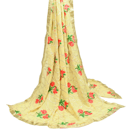 Sushila Vintage Pure Chiffon Dupatta Floral Embroidered Light Yellow Long Stole