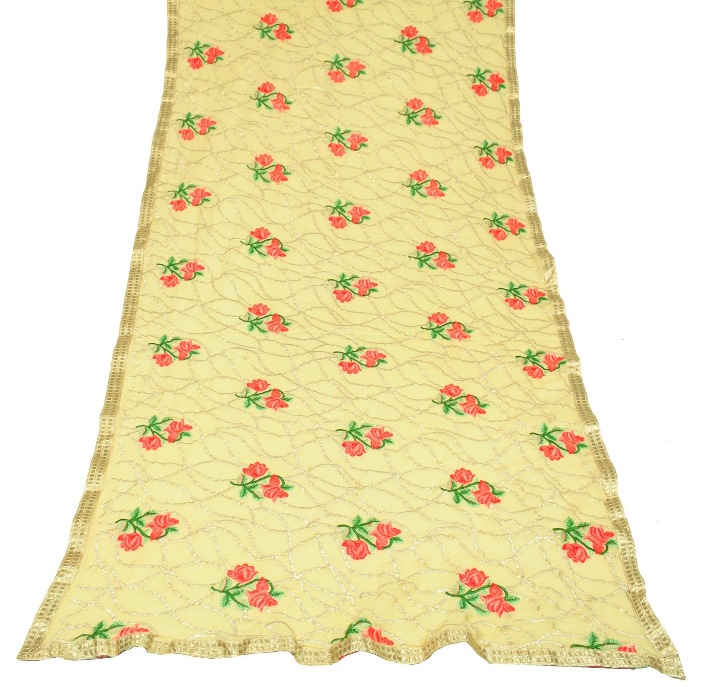 Sushila Vintage Pure Chiffon Dupatta Floral Embroidered Light Yellow Long Stole