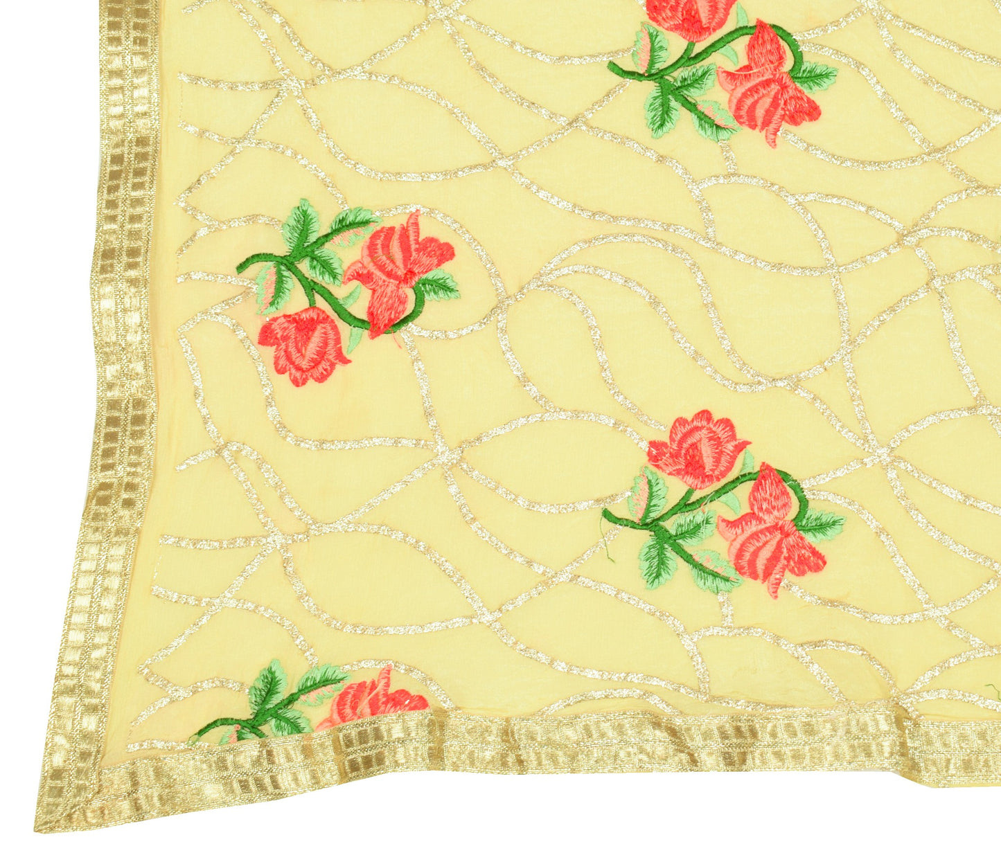 Sushila Vintage Pure Chiffon Dupatta Floral Embroidered Light Yellow Long Stole