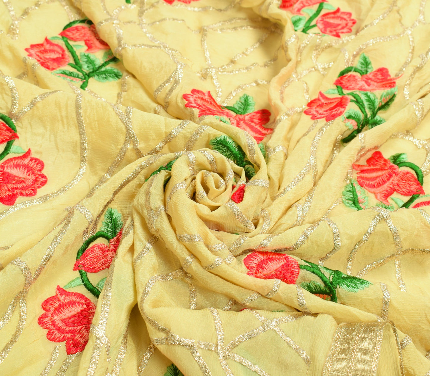 Sushila Vintage Pure Chiffon Dupatta Floral Embroidered Light Yellow Long Stole