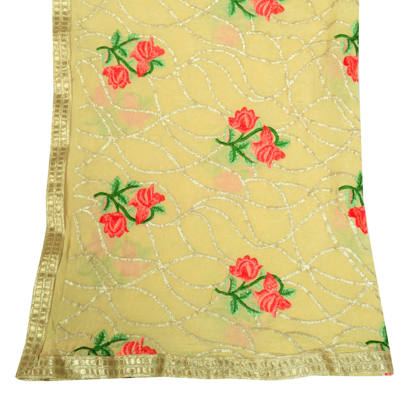 Sushila Vintage Pure Chiffon Dupatta Floral Embroidered Light Yellow Long Stole