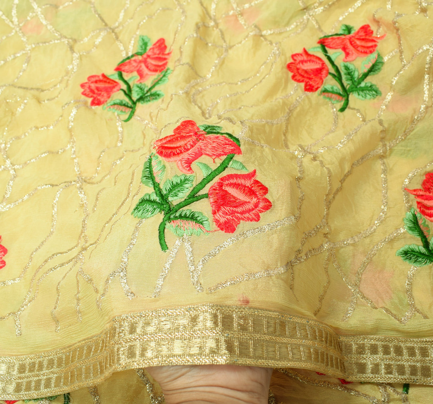 Sushila Vintage Pure Chiffon Dupatta Floral Embroidered Light Yellow Long Stole