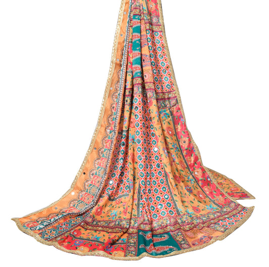 Sushila Vintage Abla Work HEAVY Dupatta Chinnon Silk Multicolor Long Stole Wrap