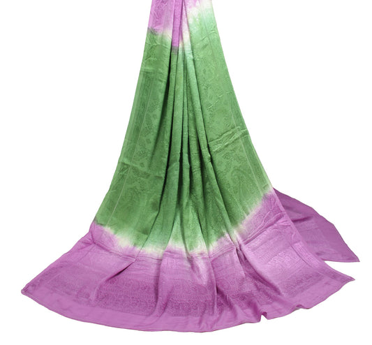 Sushila Vintage Green Purple Dupatta Pure Georgette Floral Woven Soft Long Stole