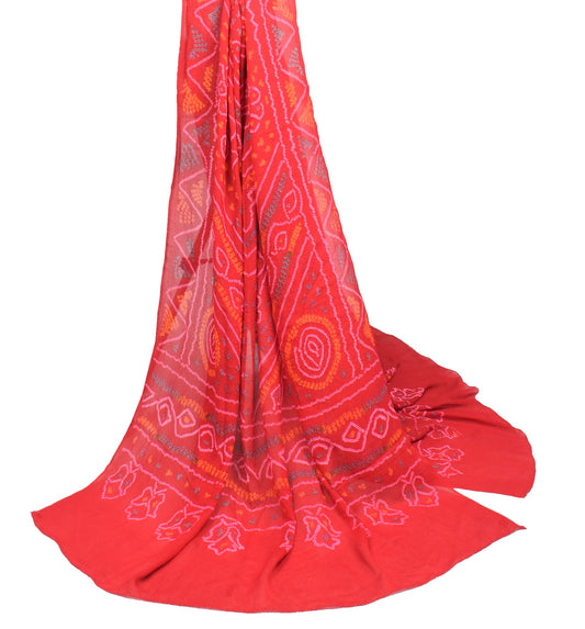Sushila Vintage Bandhani Printed  Dupatta 100% Pure Chiffon Silk Red Long Stole