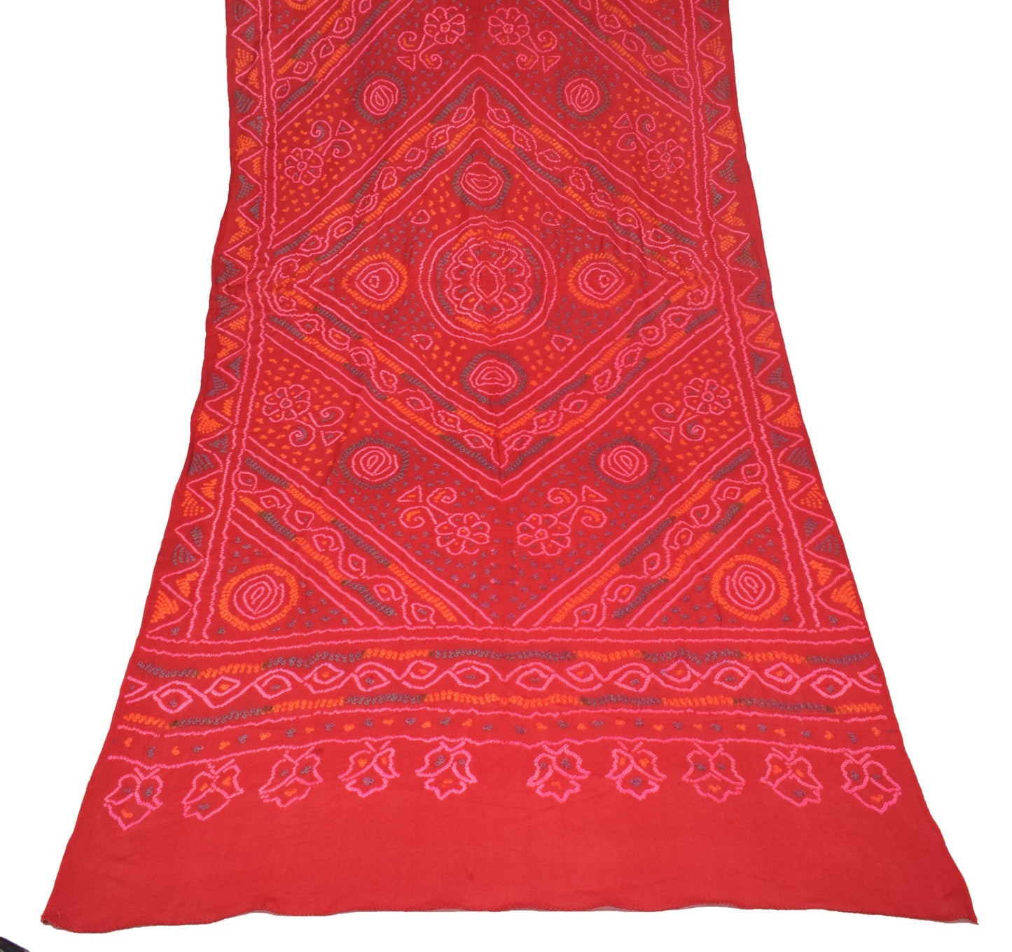 Sushila Vintage Bandhani Printed  Dupatta 100% Pure Chiffon Silk Red Long Stole