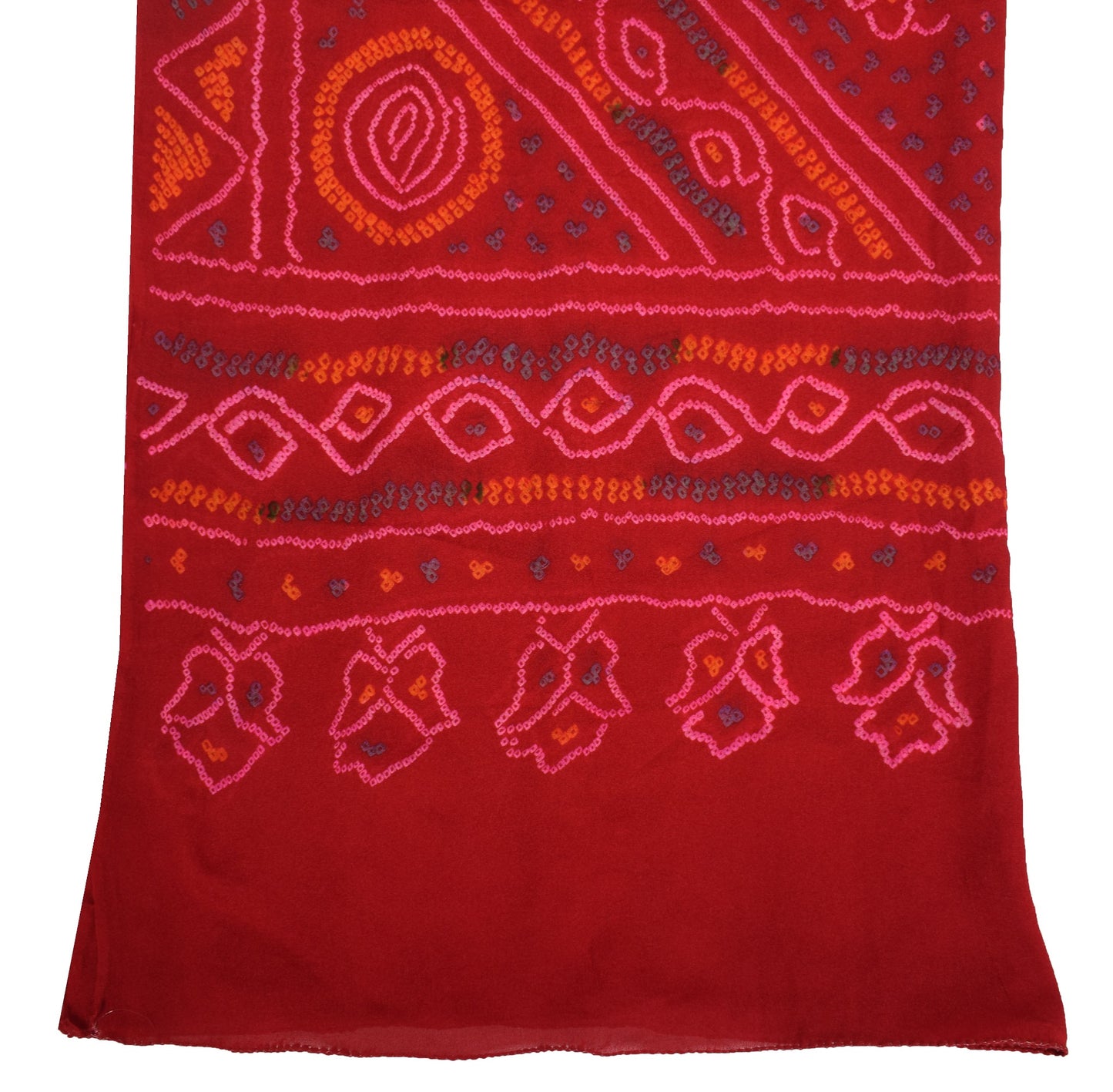Sushila Vintage Bandhani Printed  Dupatta 100% Pure Chiffon Silk Red Long Stole