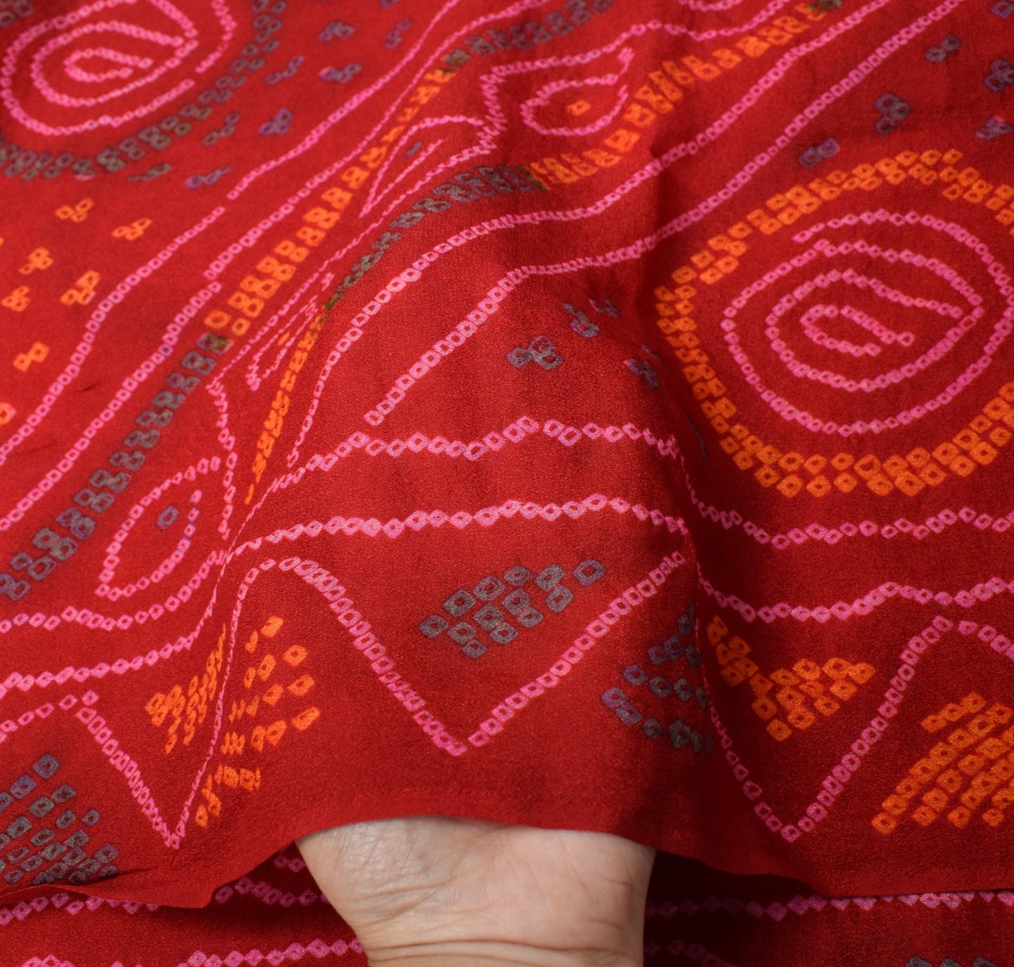 Sushila Vintage Bandhani Printed  Dupatta 100% Pure Chiffon Silk Red Long Stole