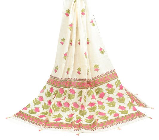 Sushila Vintage BRANDED White Dupatta Hand Block Printed Pure Cotton Long Stole