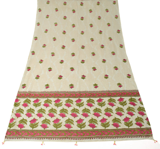 Sushila Vintage BRANDED White Dupatta Hand Block Printed Pure Cotton Long Stole