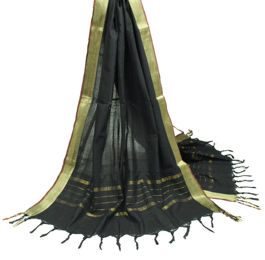 Sushila Vintage Black Dupatta Pure Cotton Woven Zari Broacde Long Stole Hijab