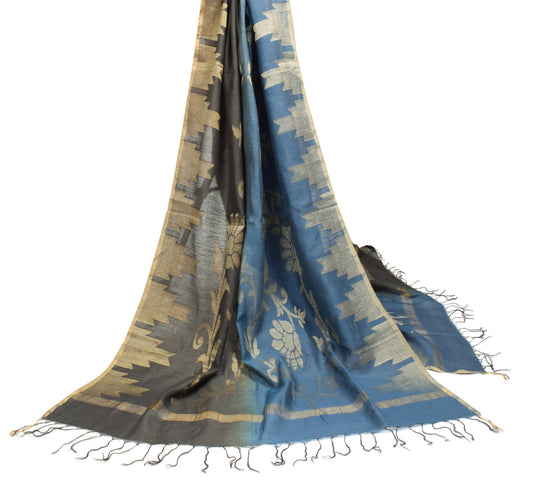 Sushila Vintage Grayish Blue & Black Dupatta Woven Pure Cotton Floral Long Stole