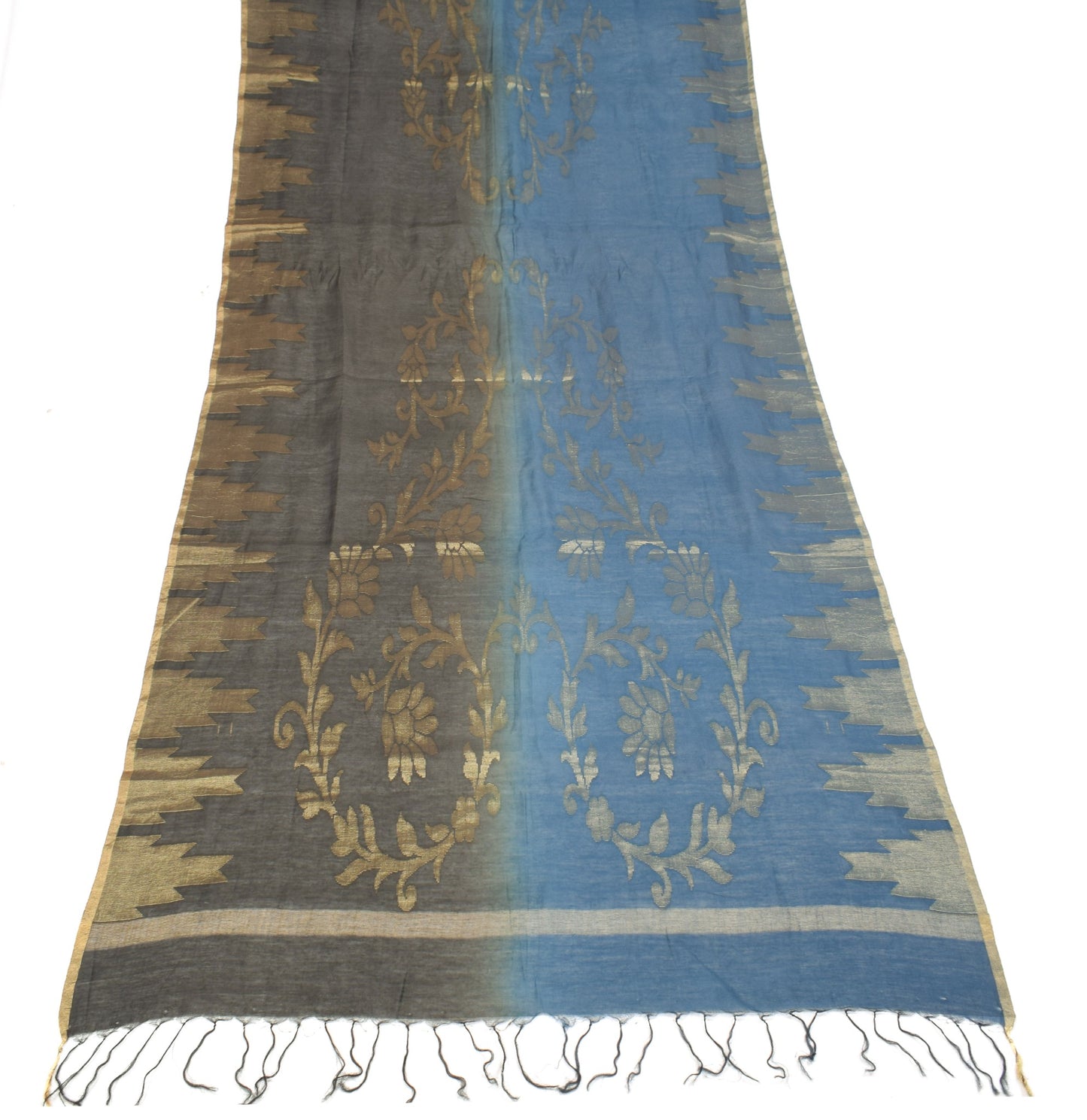 Sushila Vintage Grayish Blue & Black Dupatta Woven Pure Cotton Floral Long Stole
