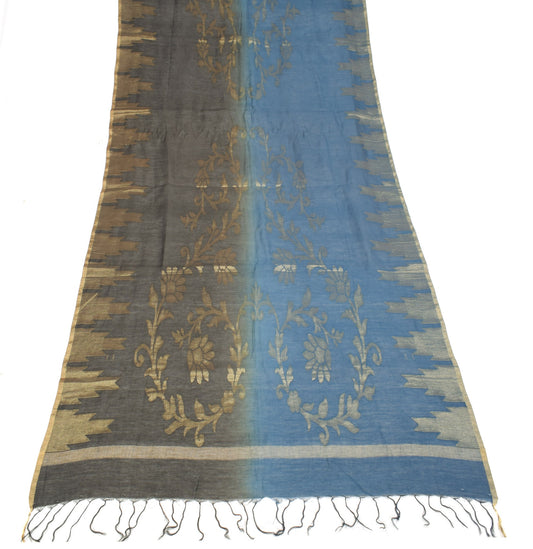 Sushila Vintage Grayish Blue & Black Dupatta Woven Pure Cotton Floral Long Stole
