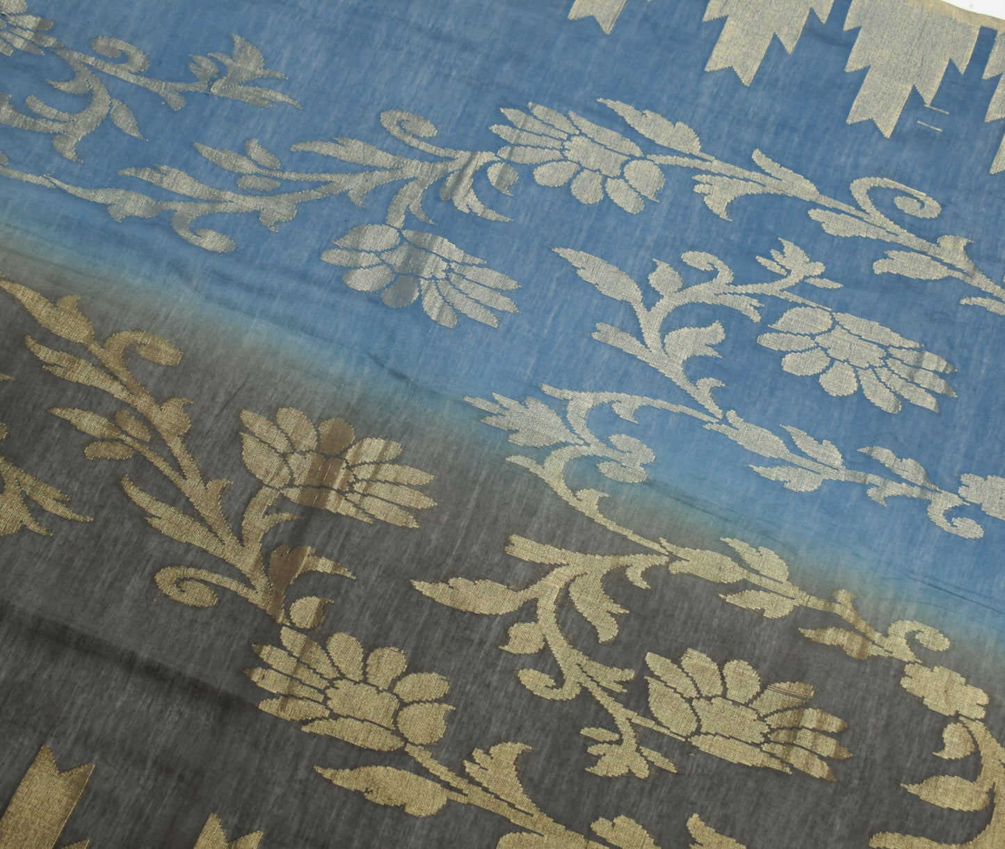Sushila Vintage Grayish Blue & Black Dupatta Woven Pure Cotton Floral Long Stole