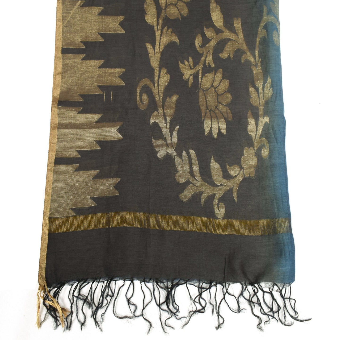 Sushila Vintage Grayish Blue & Black Dupatta Woven Pure Cotton Floral Long Stole