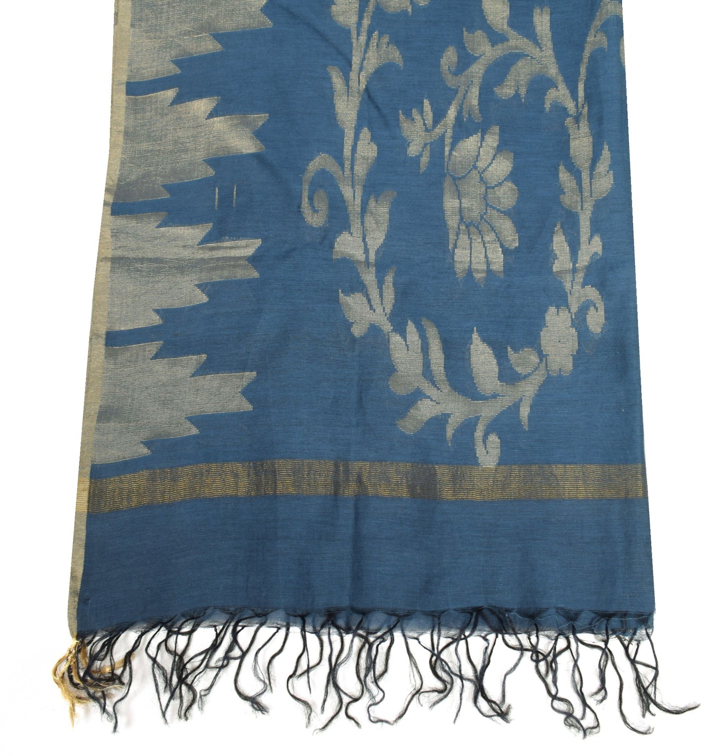 Sushila Vintage Grayish Blue & Black Dupatta Woven Pure Cotton Floral Long Stole
