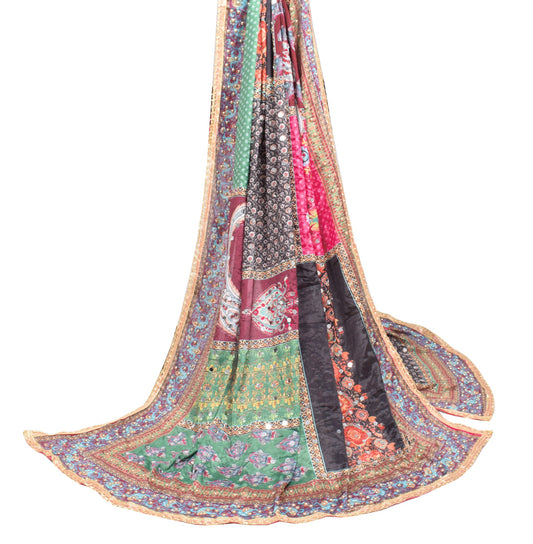 Sushila Vintage Chinnon Silk Dupatta Abla Work Multicolor HEAVY Long Stole Wrap