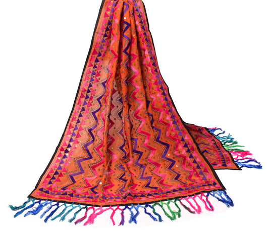 Sushila Vintage Heavy OOAK Dupatta Art Silk Handmade Phulkari Orange Long Stole