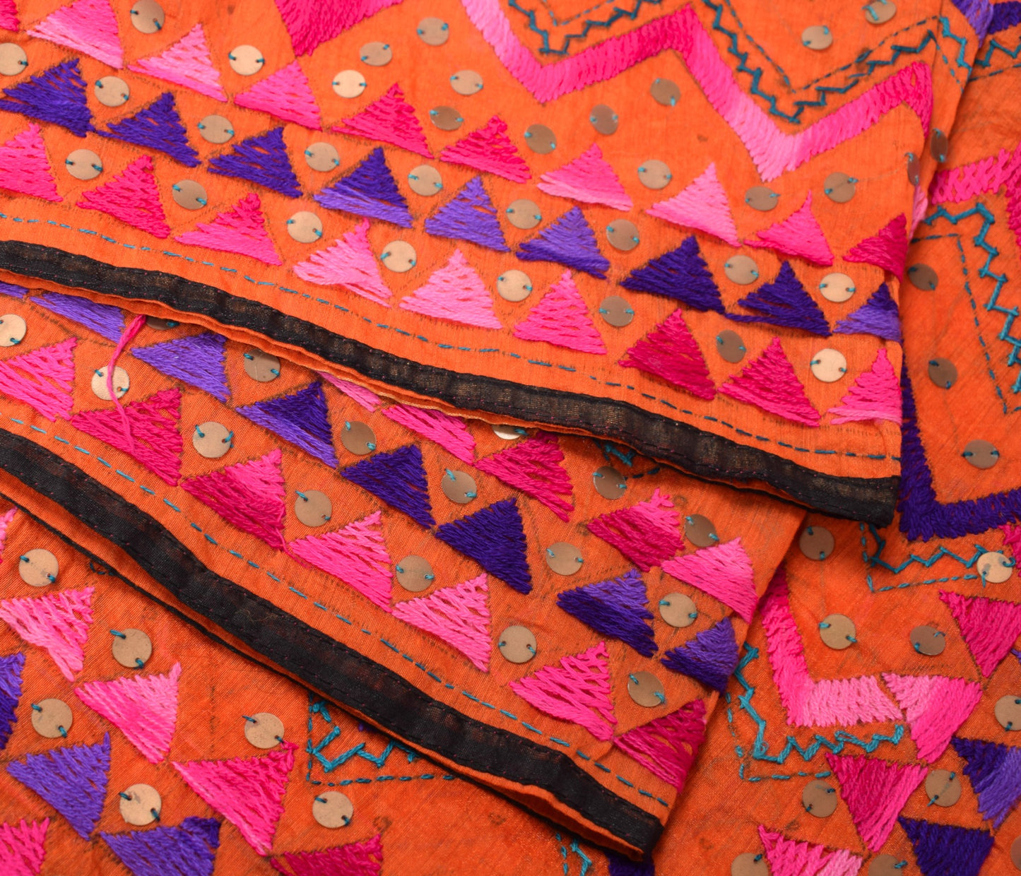 Sushila Vintage Heavy OOAK Dupatta Art Silk Handmade Phulkari Orange Long Stole