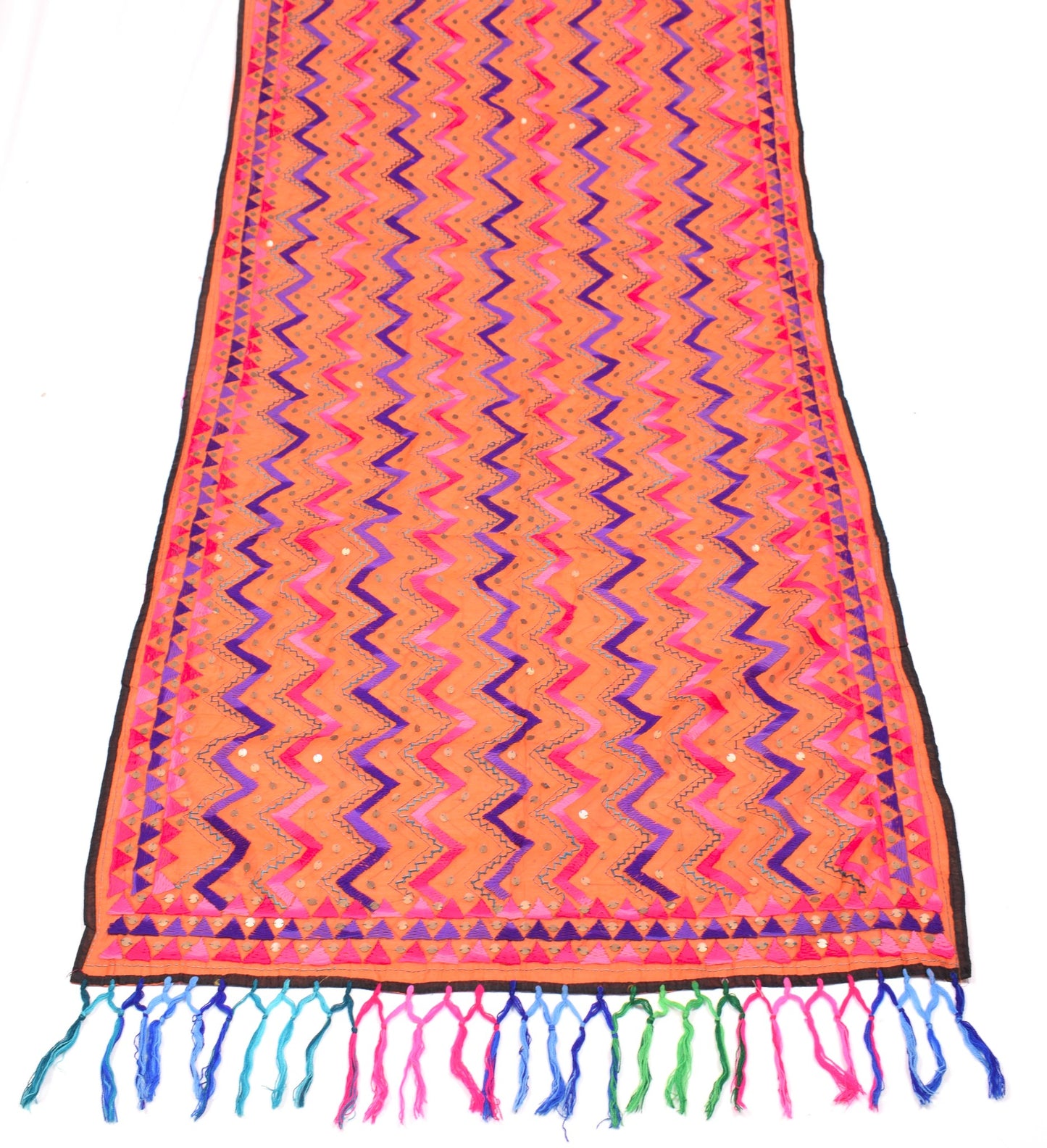 Sushila Vintage Heavy OOAK Dupatta Art Silk Handmade Phulkari Orange Long Stole