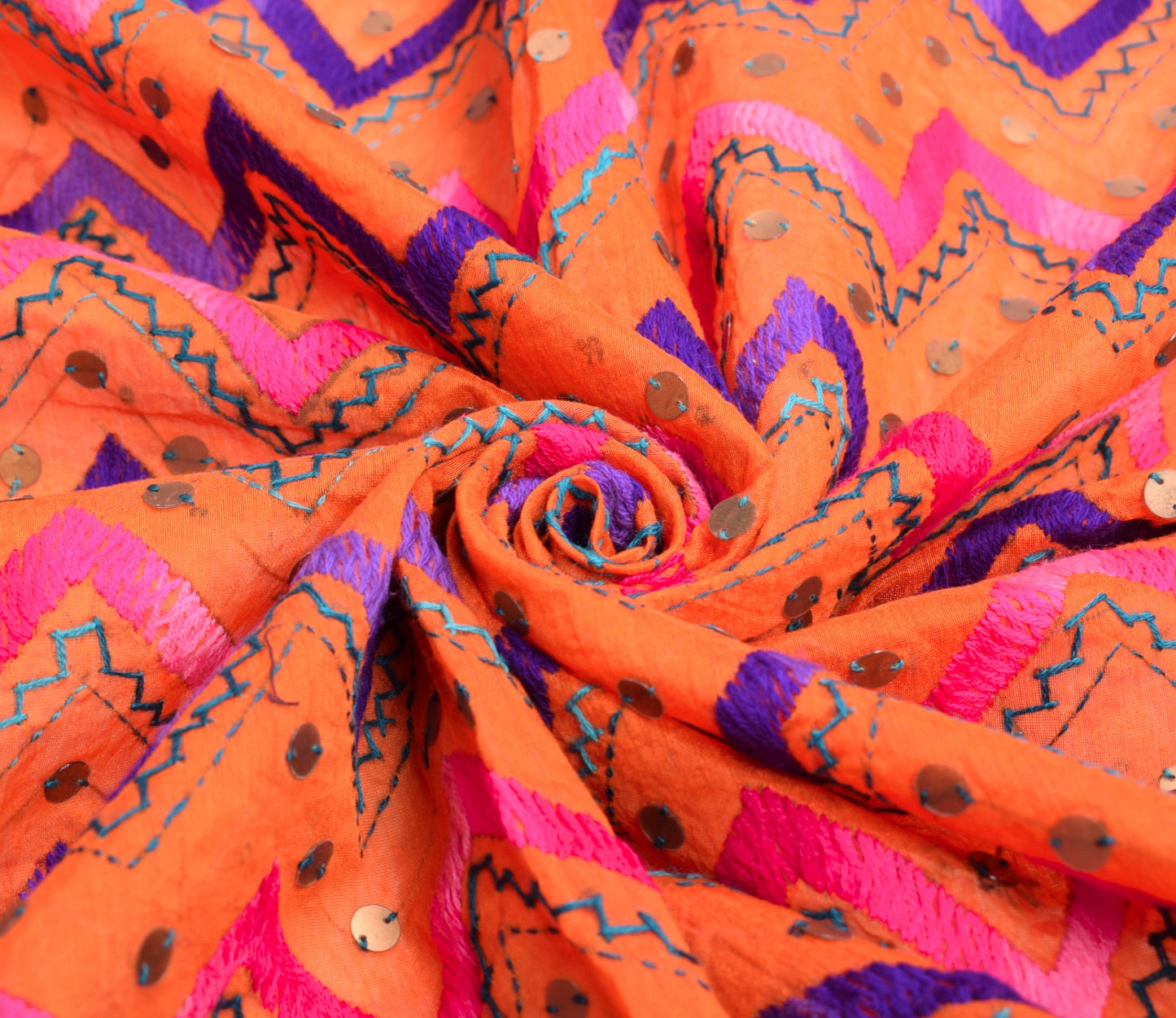 Sushila Vintage Heavy OOAK Dupatta Art Silk Handmade Phulkari Orange Long Stole