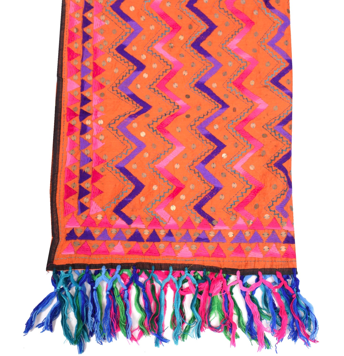 Sushila Vintage Heavy OOAK Dupatta Art Silk Handmade Phulkari Orange Long Stole