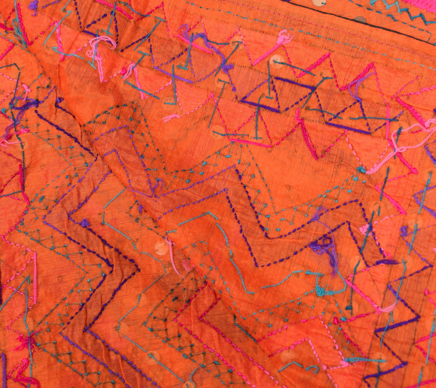 Sushila Vintage Heavy OOAK Dupatta Art Silk Handmade Phulkari Orange Long Stole