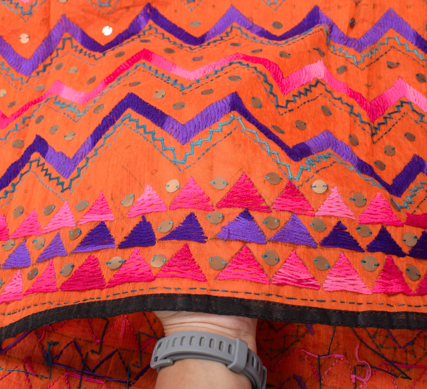 Sushila Vintage Heavy OOAK Dupatta Art Silk Handmade Phulkari Orange Long Stole